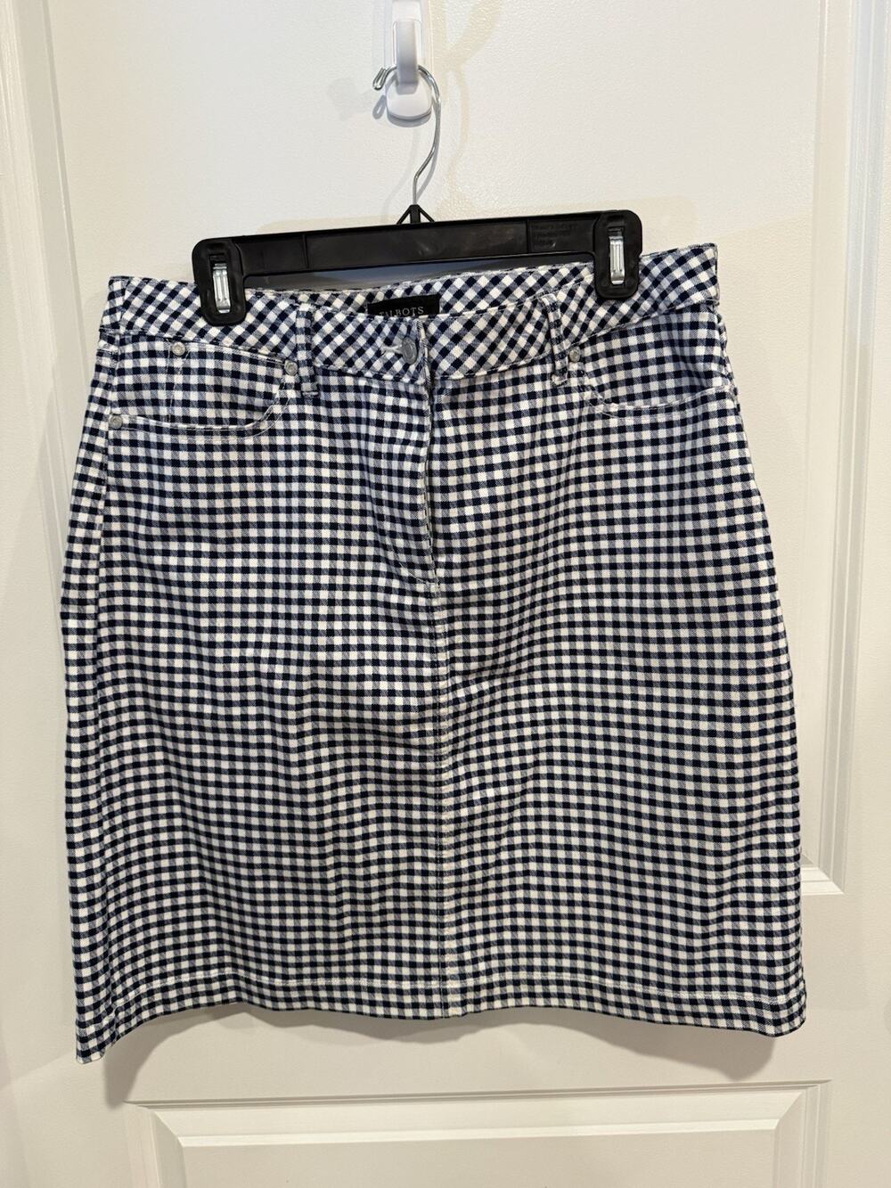Talbots Womens Stretch Skirt Blue White Gingham Preppy Academia Sz 12 EUC